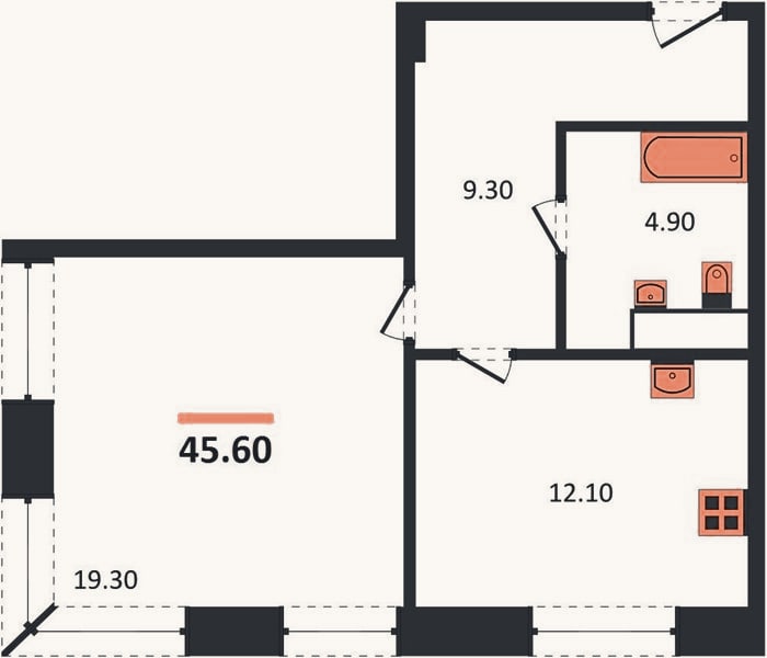 Планировка: 1-к, 45,6 м²