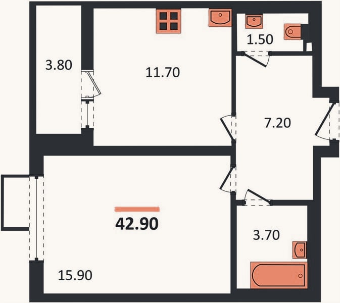 Планировка: 1-к, 42,9 м²