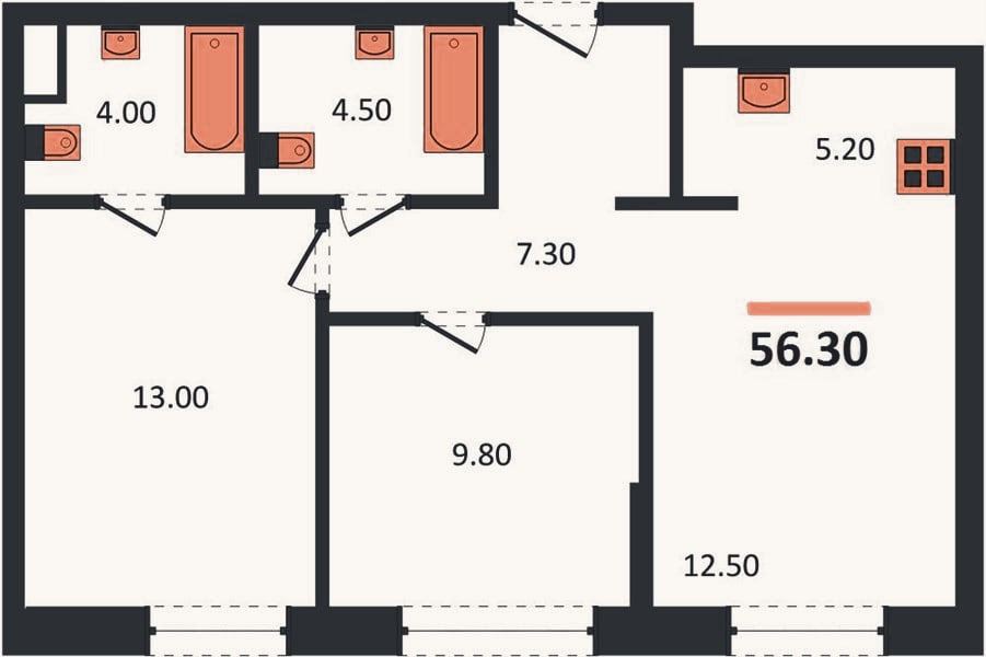 Планировка: 2-к, 56,3 м²
