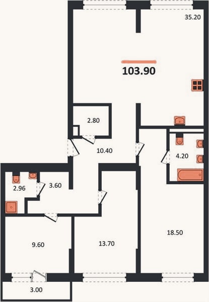 Планировка: 3-к, 103,9 м²
