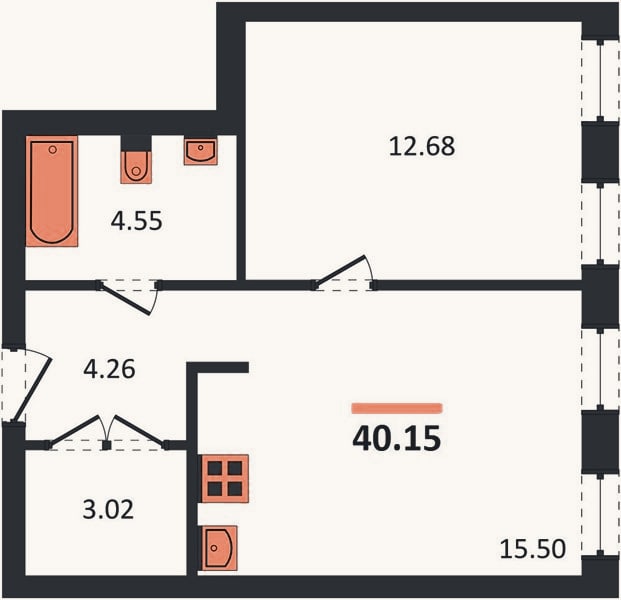 Планировка: 1-к, 40,2 м²