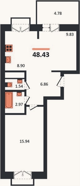 Планировка: 1-к, 48,4 м²