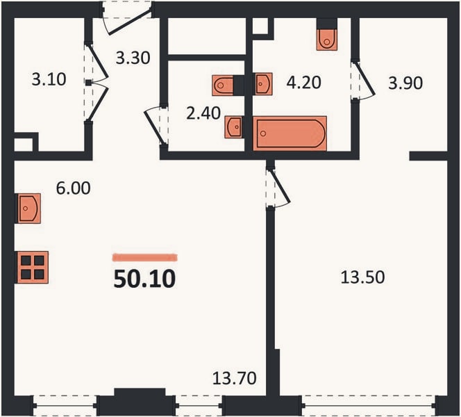 Планировка: 1-к, 50,1 м²