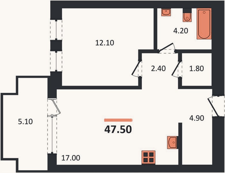 Планировка: 1-к, 47,5 м²