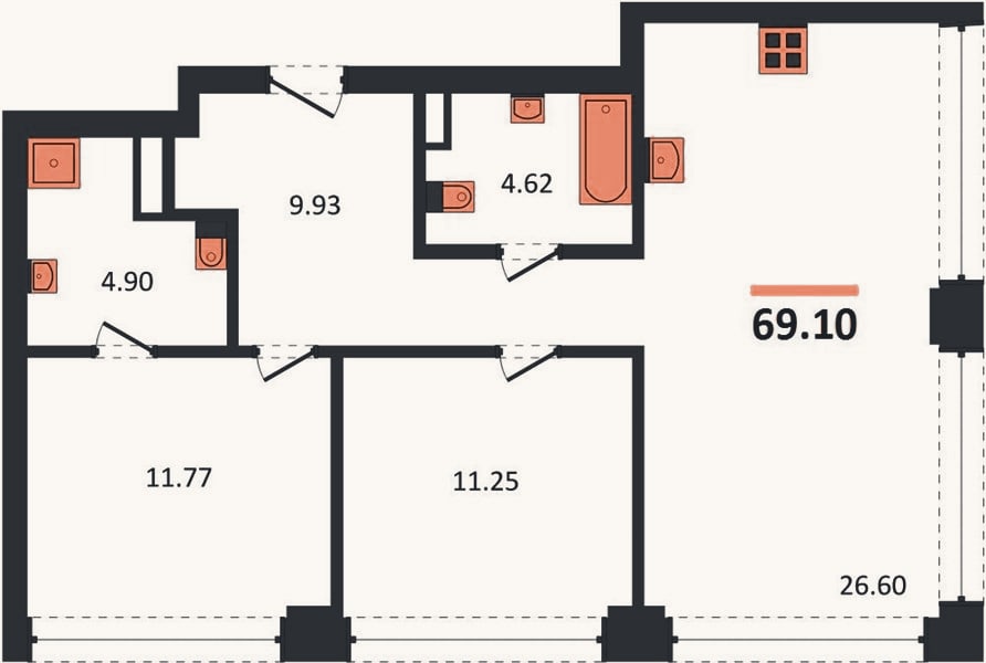 Планировка: 2-к, 67,9 м²