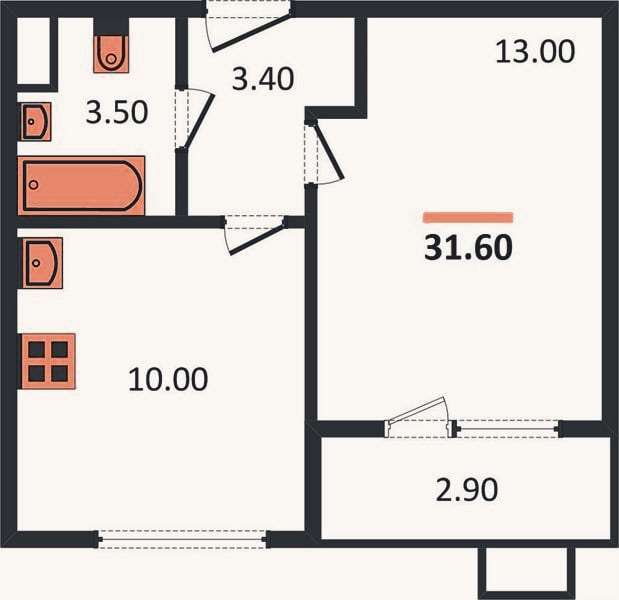Планировка: 1-к, 31,6 м²