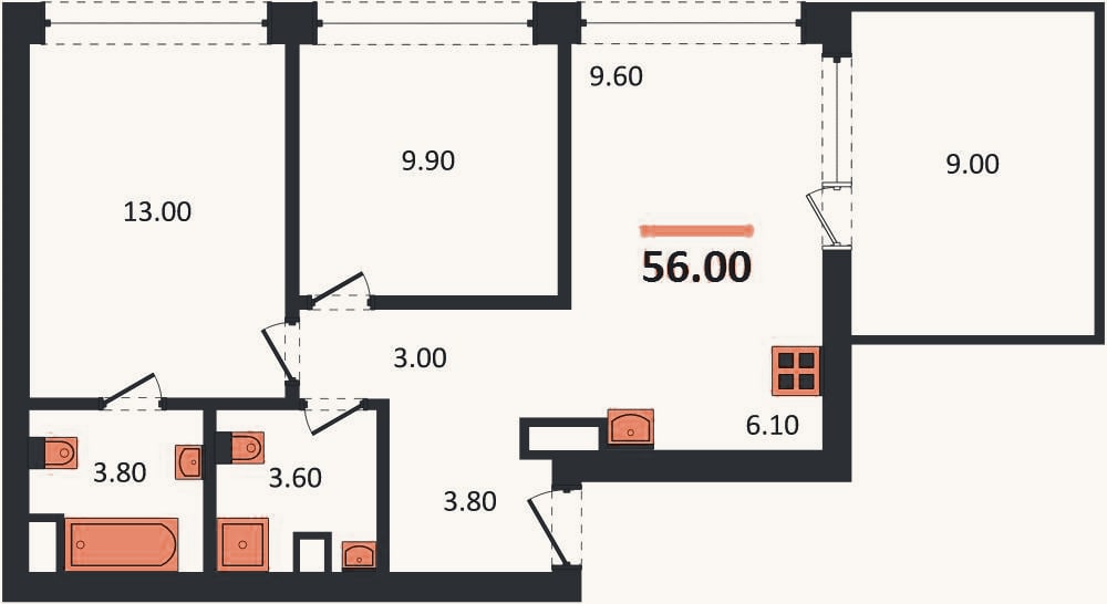 Планировка: 2-к, 56 м²