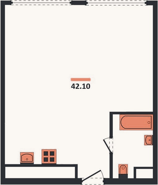 Планировка: 1-к, 42,1 м²