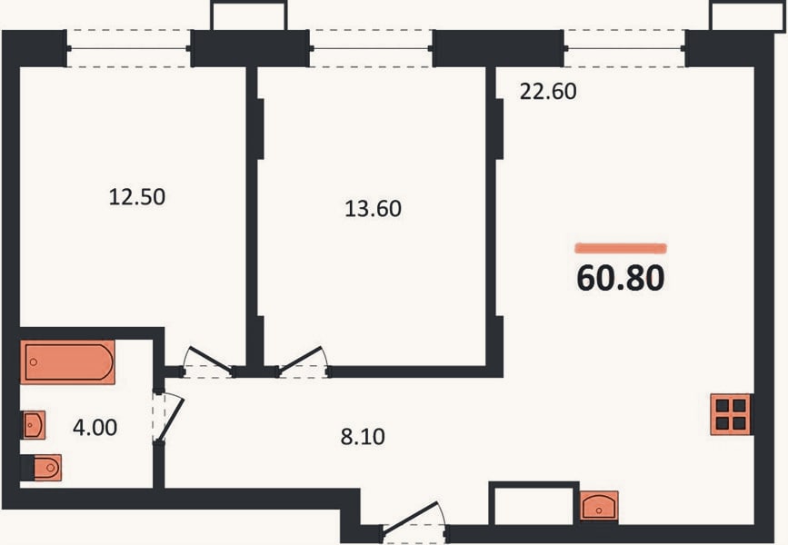 Планировка: 2-к, 60,8 м²