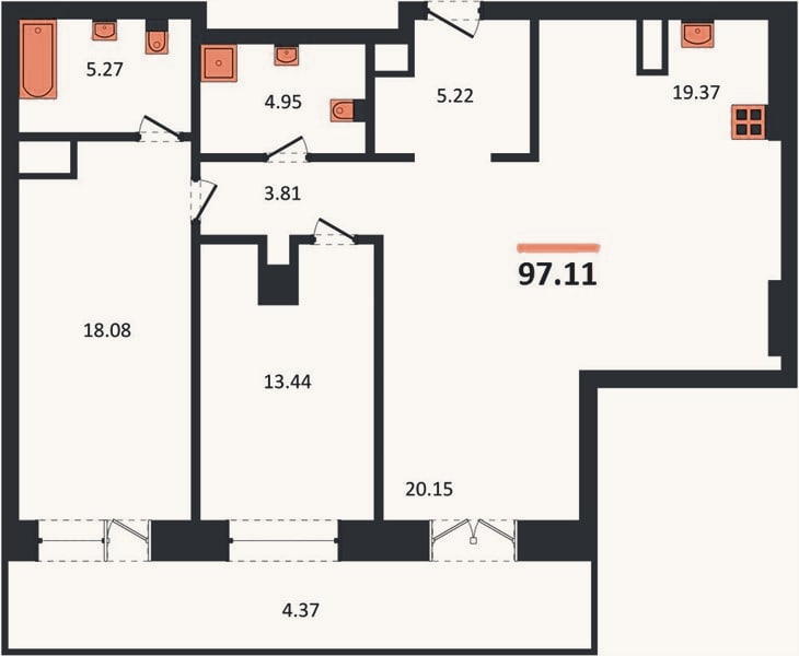 Планировка: 2-к, 97,1 м²