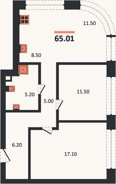 Планировка: 2-к, 65 м²