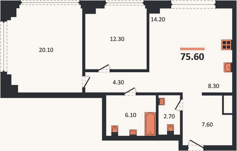 Планировка: 2-к, 75,6 м²