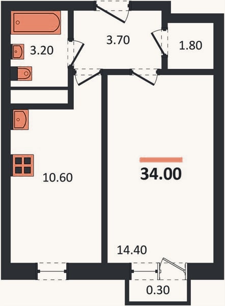 Планировка: 1-к, 34 м²