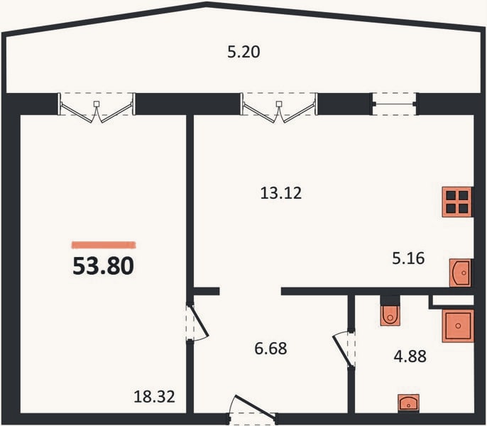 Планировка: 1-к, 53,8 м²