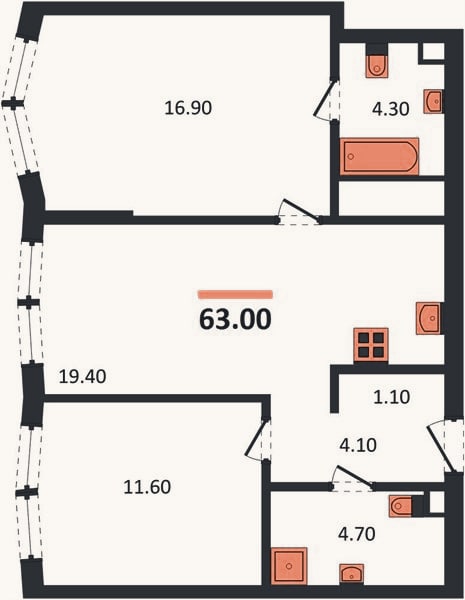 Планировка: 2-к, 63 м²