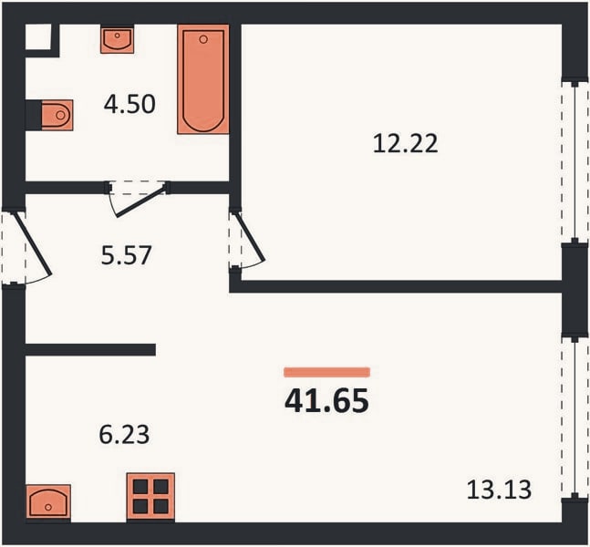 Планировка: 1-к, 41,7 м²