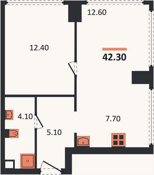 Планировка: 1-к, 42,3 м²