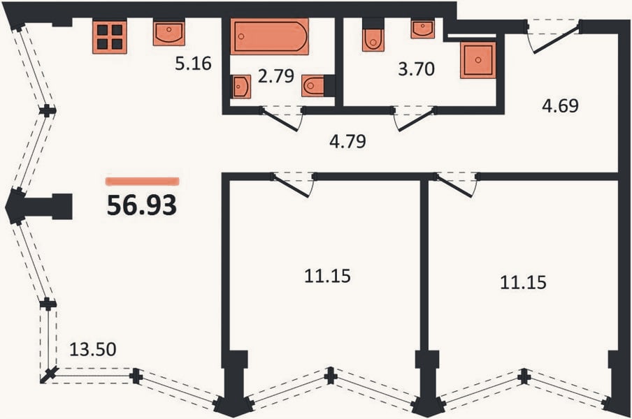 Планировка: 2-к, 56,9 м²