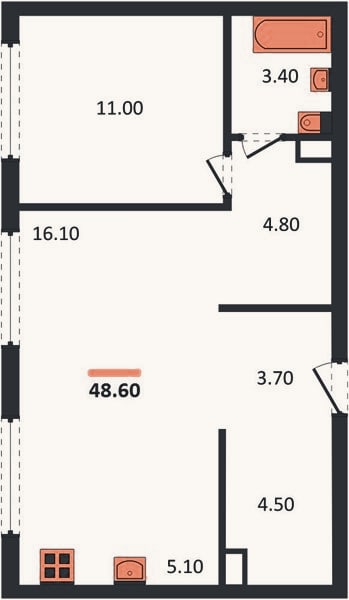 Планировка: 1-к, 48,6 м²