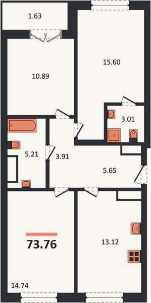Планировка: 3-к, 73,8 м²