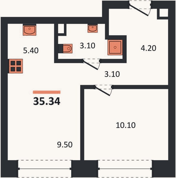Планировка: 1-к, 35,3 м²