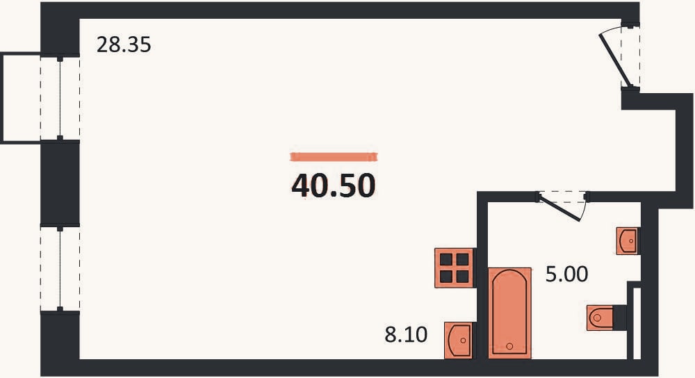 Планировка: Студия, 40,5 м²