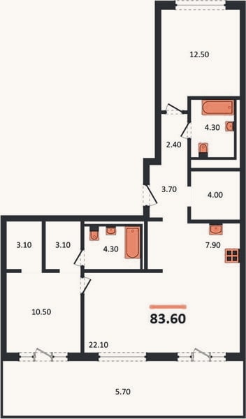 Планировка: 2-к, 83,6 м²