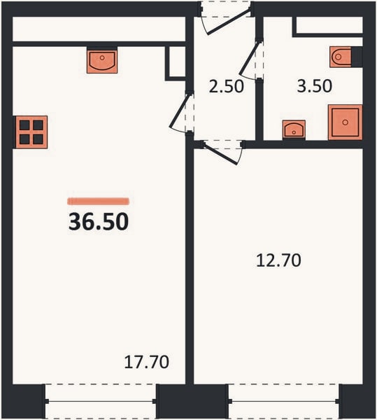 Планировка: 1-к, 36,5 м²