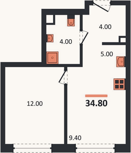 Планировка: 1-к, 34,8 м²