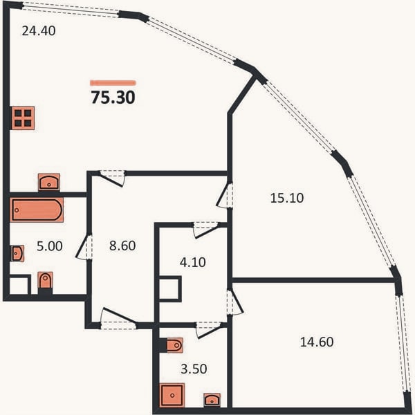Планировка: 2-к, 75,3 м²