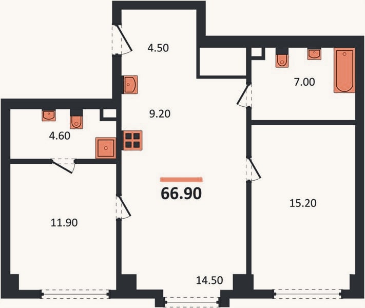 Планировка: 2-к, 66,9 м²