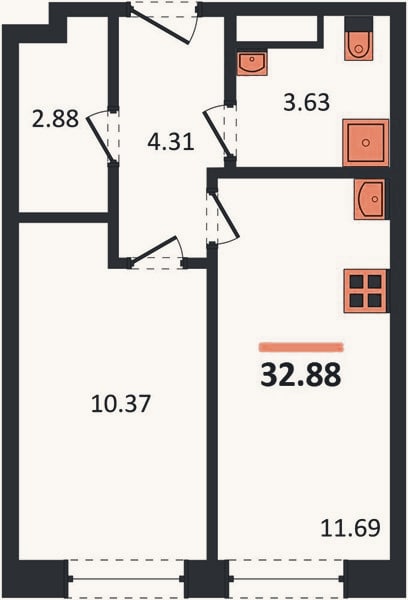 Планировка: 1-к, 32,9 м²