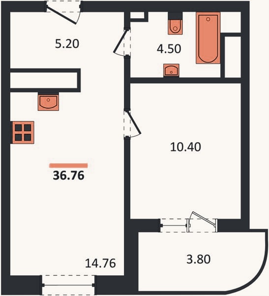 Планировка: 1-к, 36,8 м²