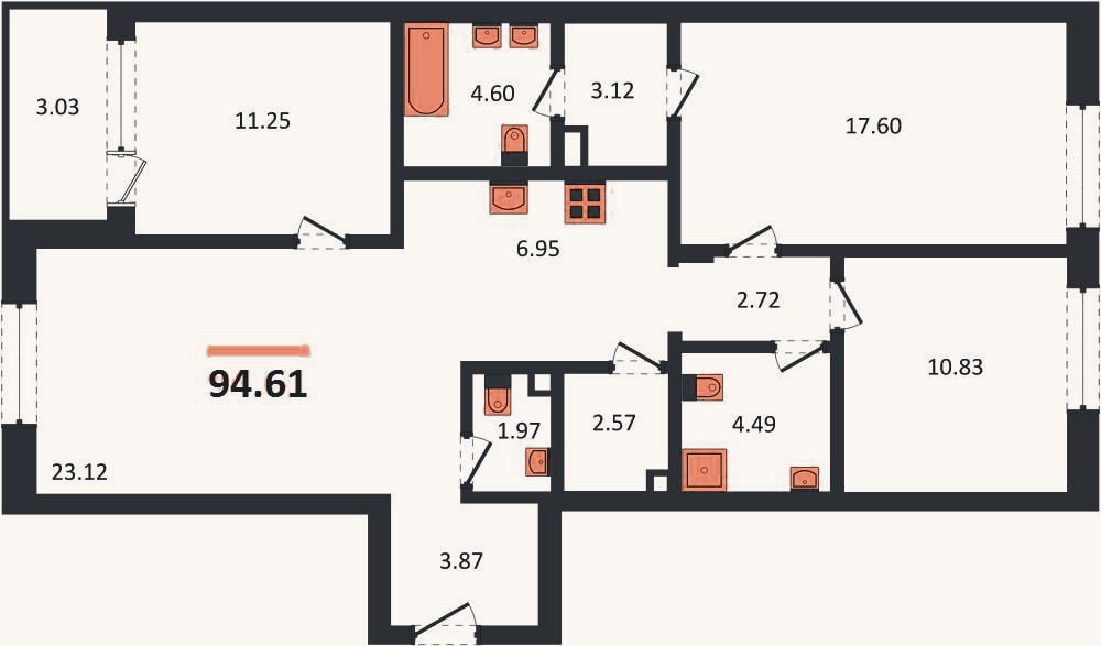 Планировка: 3-к, 94,6 м²