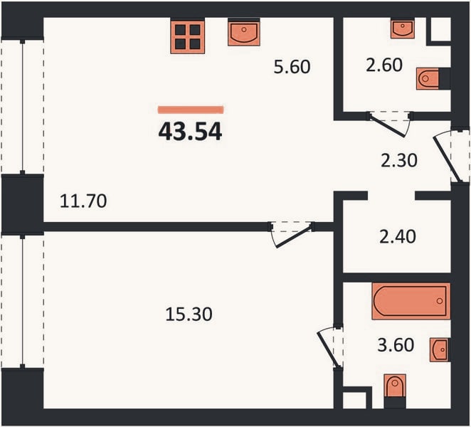 Планировка: 1-к, 43,5 м²