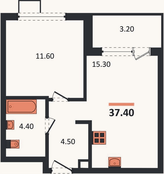 Планировка: 1-к, 37,4 м²