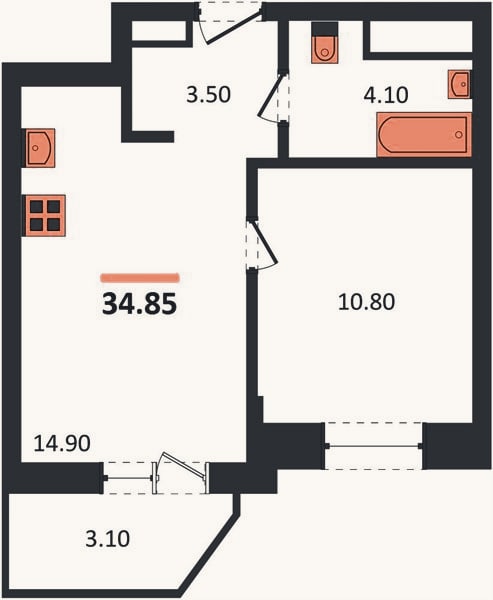 Планировка: 1-к, 34,9 м²