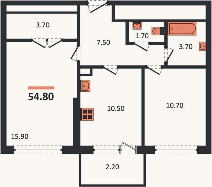 Планировка: 2-к, 54,8 м²