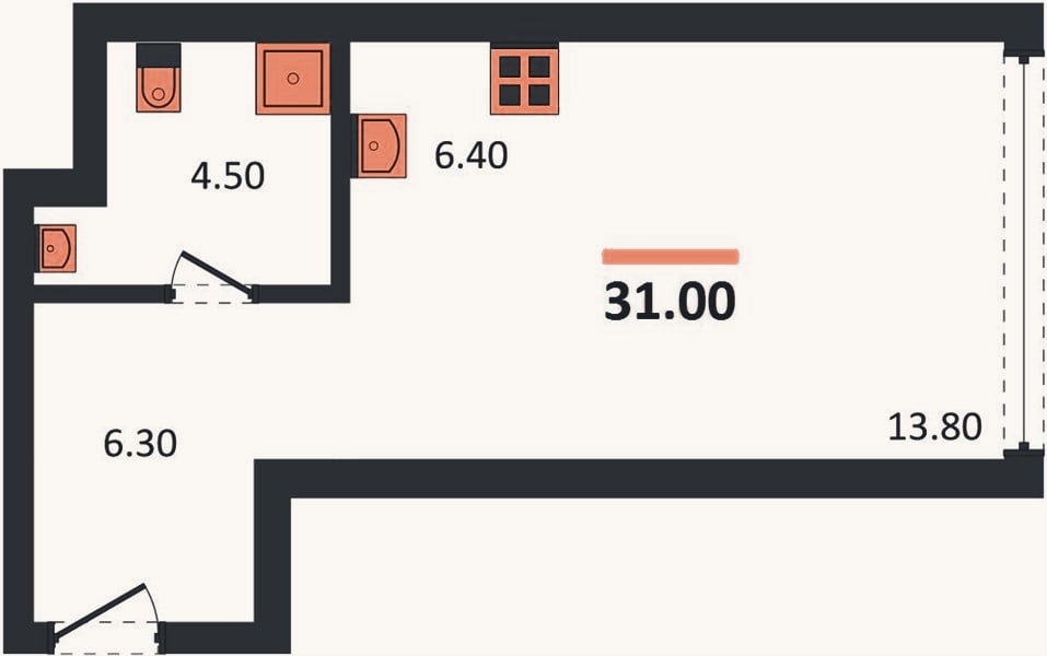 Планировка: Студия, 31 м²