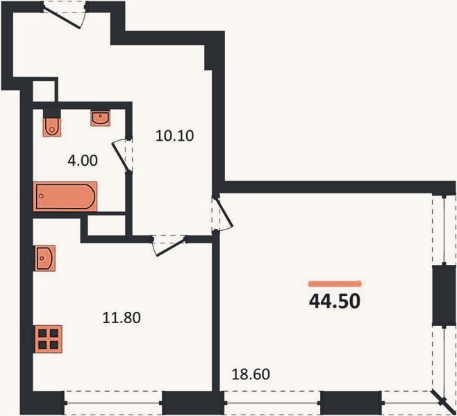 Планировка: 1-к, 44,5 м²