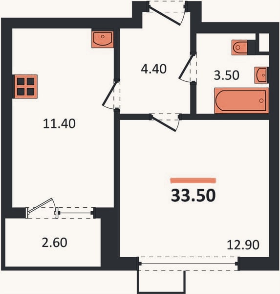 Планировка: 1-к, 33,5 м²