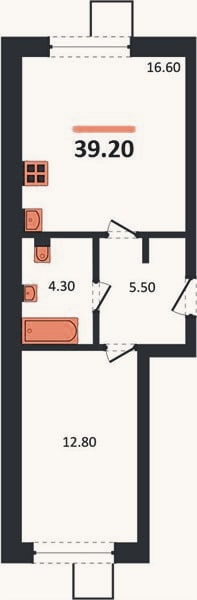 Планировка: 1-к, 38,9 м²