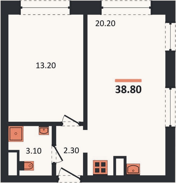 Планировка: 1-к, 38,8 м²