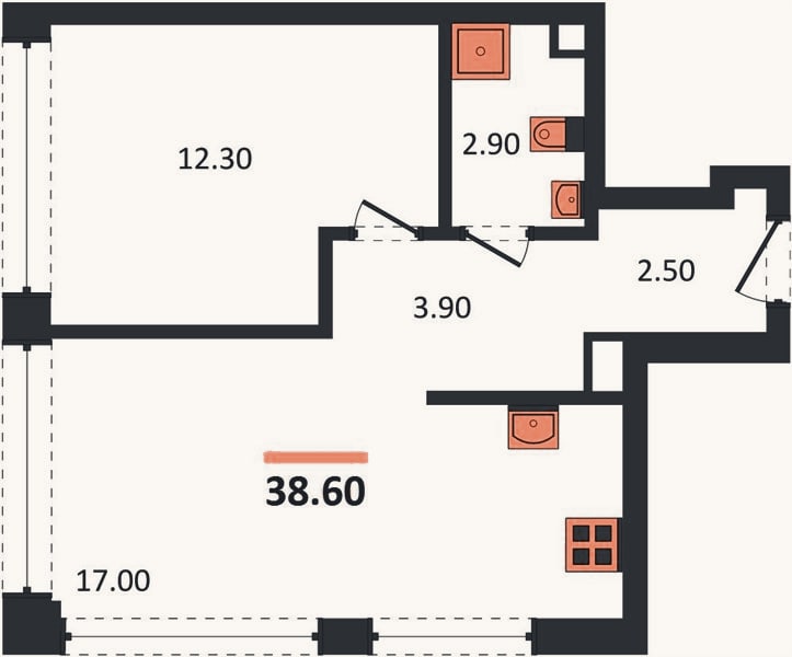 Планировка: 1-к, 38,9 м²