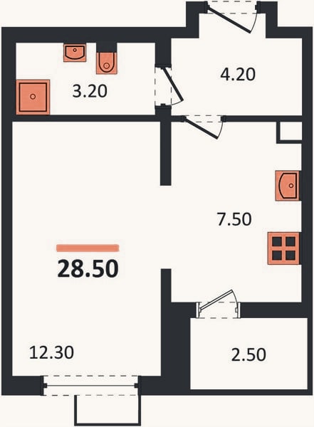 Планировка: 1-к, 28,5 м²