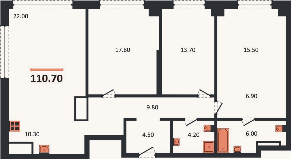 Планировка: 3-к, 110,7 м²