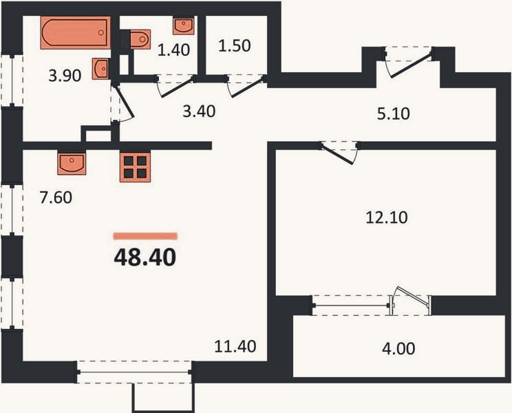 Планировка: 1-к, 48,4 м²