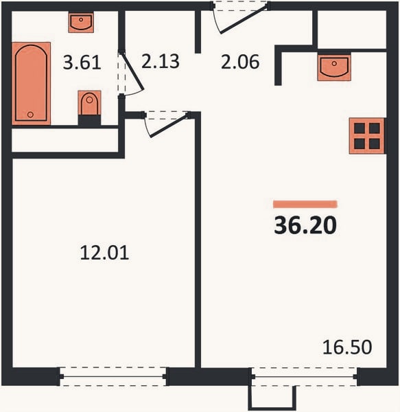 Планировка: 1-к, 36,2 м²