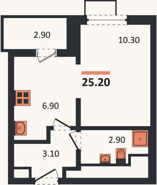 Планировка: 1-к, 25,2 м²