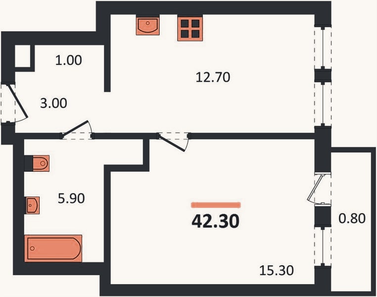 Планировка: 1-к, 42,3 м²